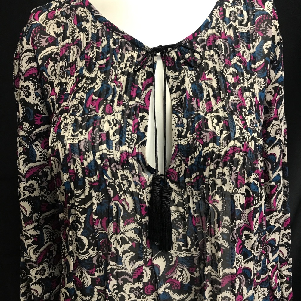 Joie Black Floral Print Peasant Blouse with Pink & Blue Accents